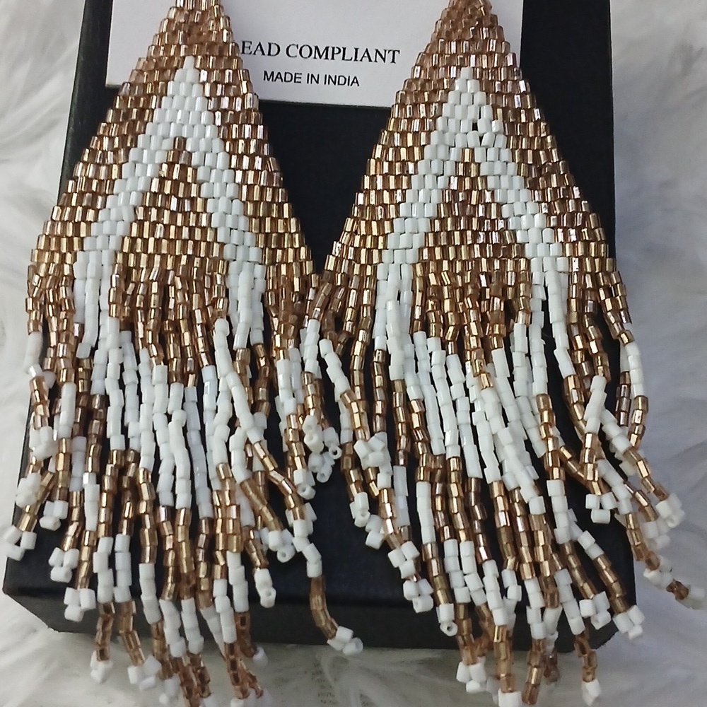 Natasha Couture Gold White Beaded Fringe Boho Festival Sexy Statement Earrings - Picture 4 of 13